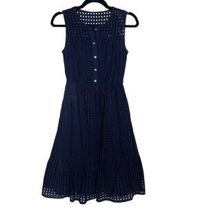 J Crew Size 00 Navy Blue All Over Eyelet Lace Knee Length Dress Sleeveless